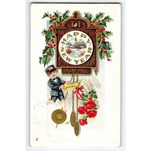 Happy New Year Postcard Telegram Child In Uniform Cuckoo Clock Vintage Stecher